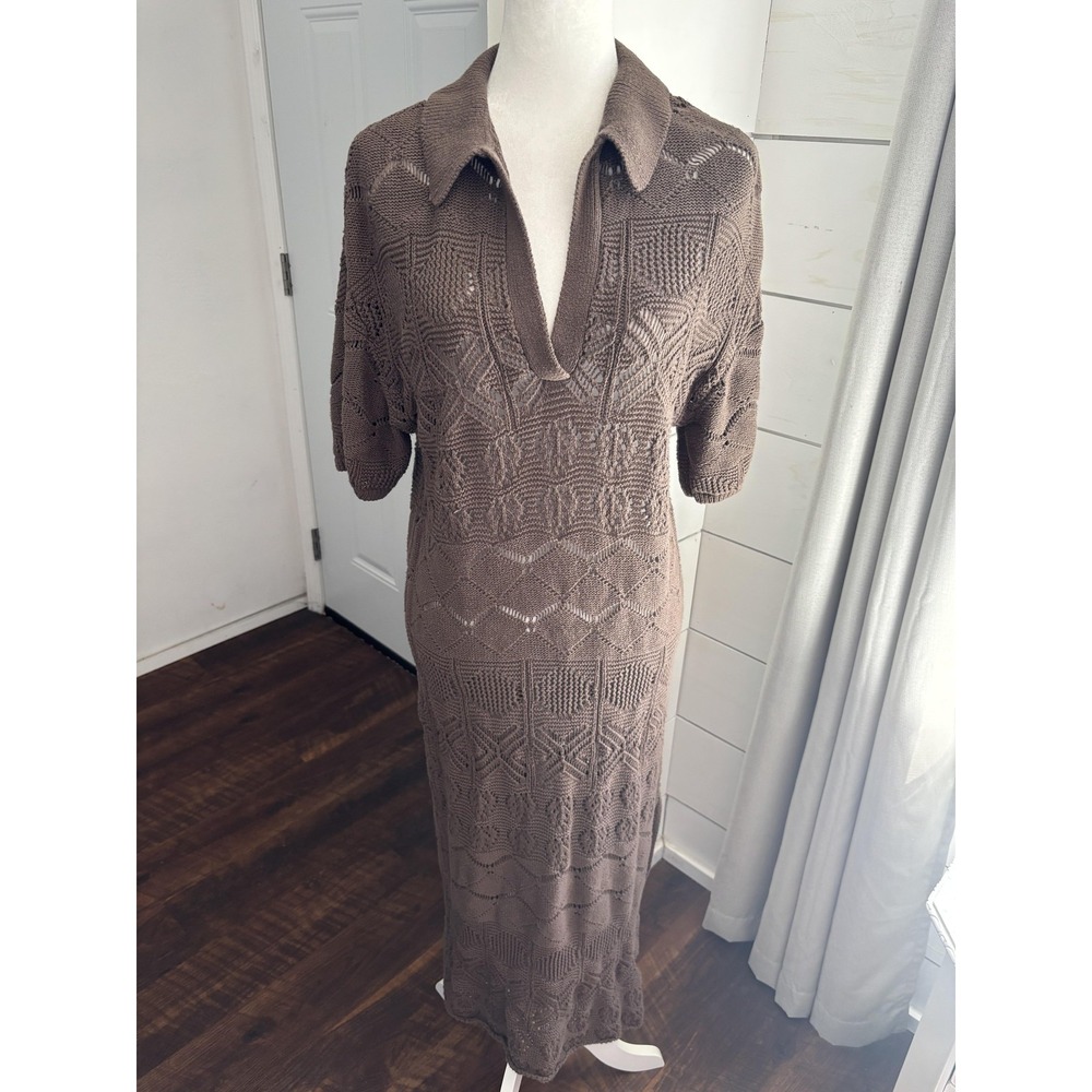 FP Beach Dress Womens Small Brown Crochet Knit Maxi Cotton Boho Cover Up Resort